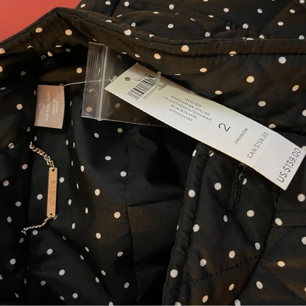 NWT CHICO’S $139 Black Polka-Dot Mandarin Collar Quilted Jacket 2 (Large 12/14) - Picture 12 of 16